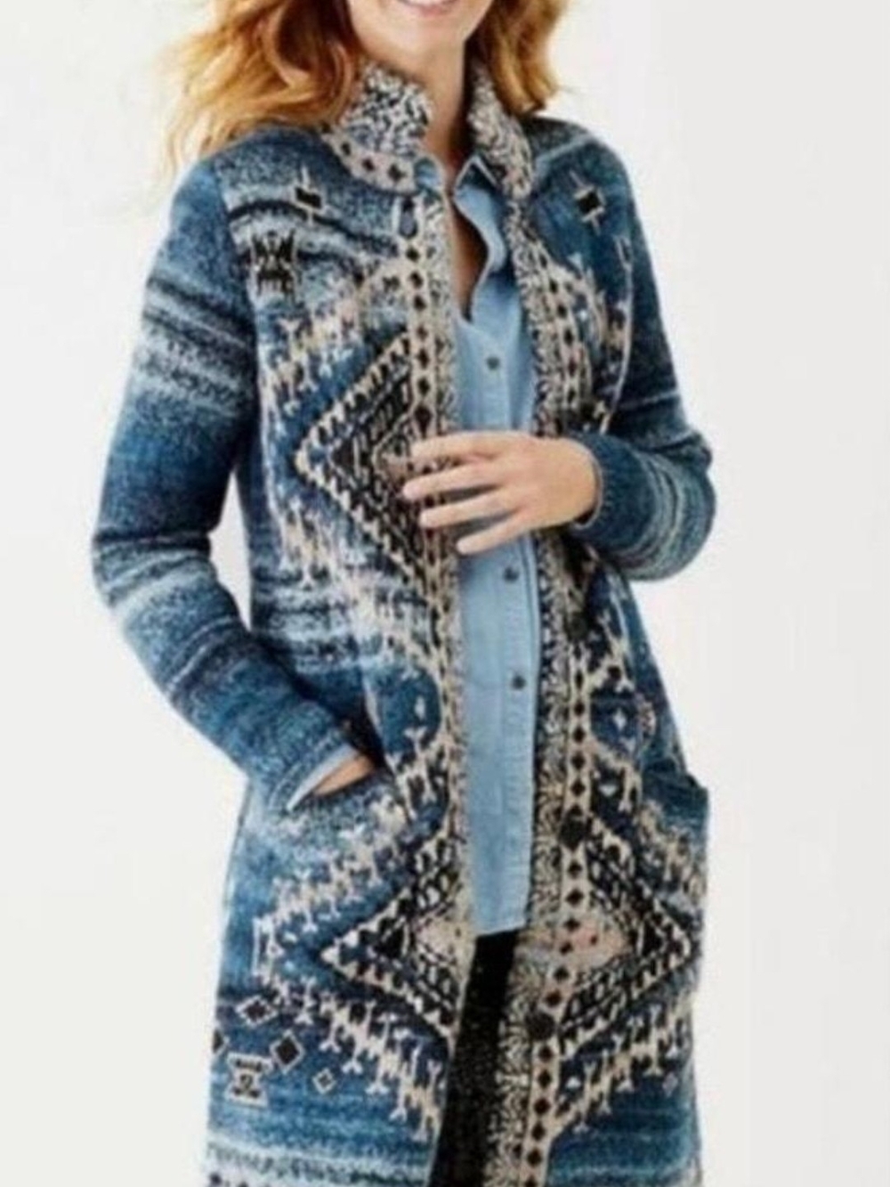 J. Jill Fair Isle Print Indigo Blue/Black  Long Wool Blend Button-up Cardigan